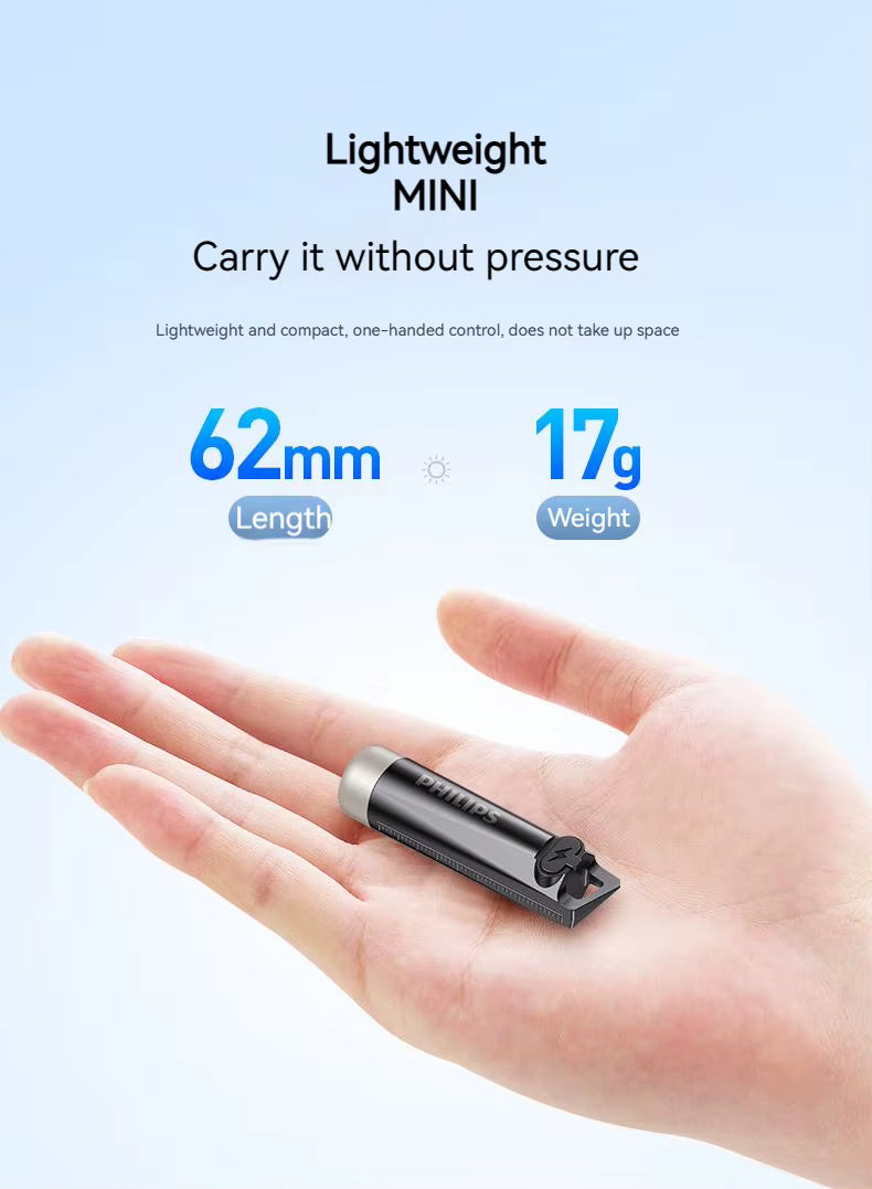 Philips SFL1121 Mini EDC Taschenlampe. Wiederaufladbar, LED, 3 Modi mit Anti-Lost-Text oder individueller Lasergravur