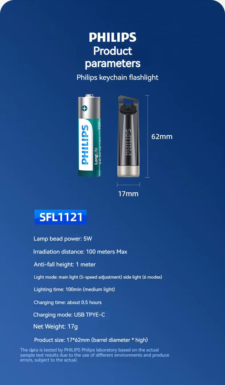 Philips SFL1121 Mini EDC Taschenlampe. Wiederaufladbar, LED, 3 Modi mit Anti-Lost-Text oder individueller Lasergravur