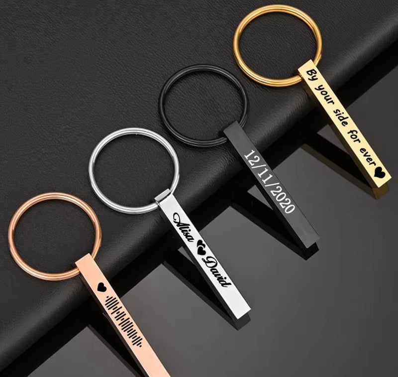 Edelstahl-Schlüsselanhänger „3D-Stab“ mit Wunsch- oder Anti-Lost-Text-Lasergravur