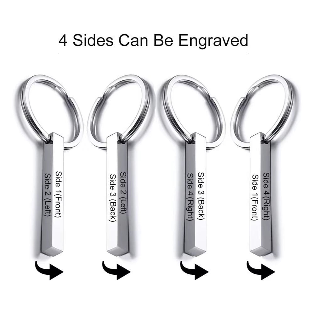 Edelstahl-Schlüsselanhänger „3D-Stab“ mit Wunsch- oder Anti-Lost-Text-Lasergravur